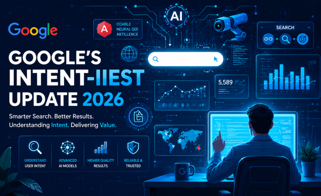 Google Intent-First SEO Update 2026 illustration showing AI-powered search engine optimization