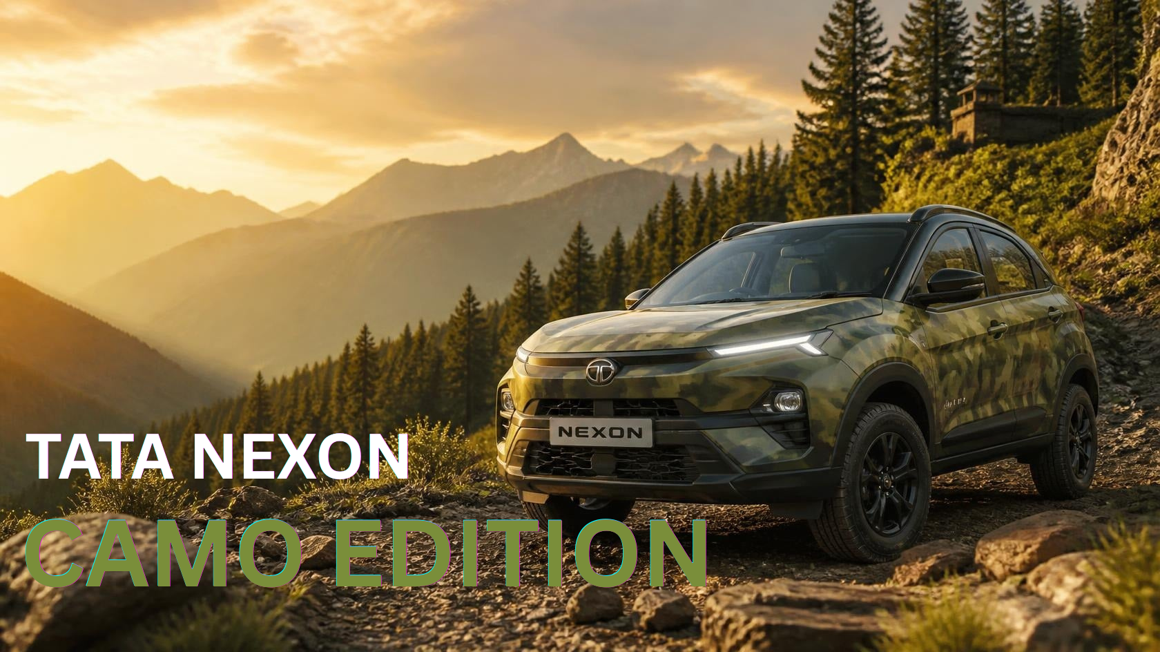 Tata Nexon Camo Edition SUV showcasing its camouflage-inspired exterior design with price, features, and specifications against a scenic mountain backdrop.