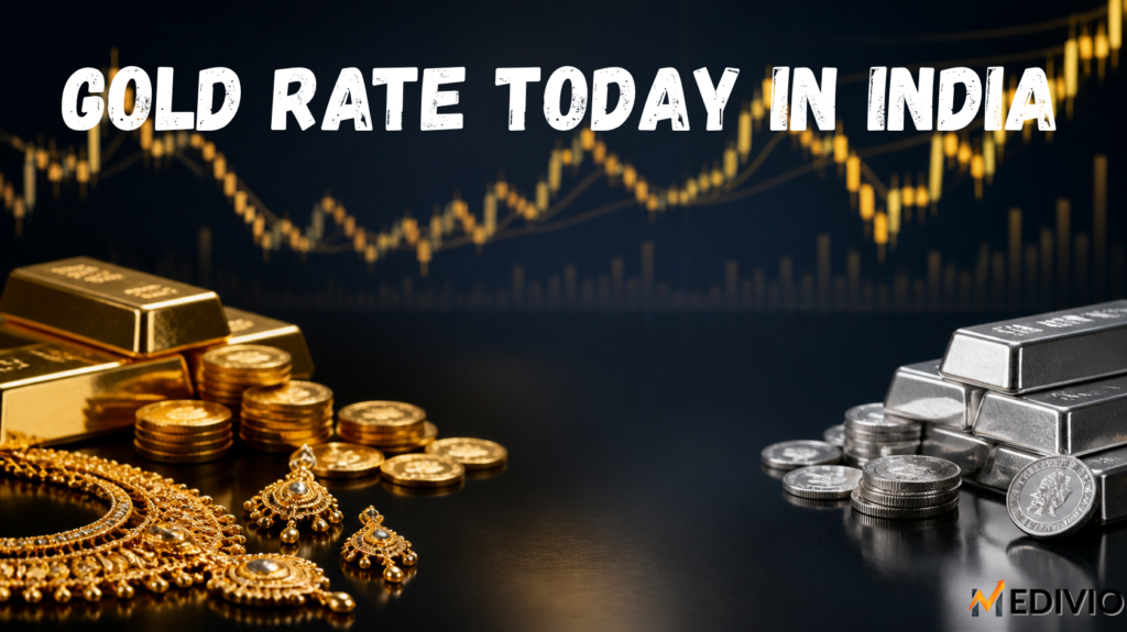 Gold bars, gold coins and silver bullion representing today's gold rate and silver price in India.