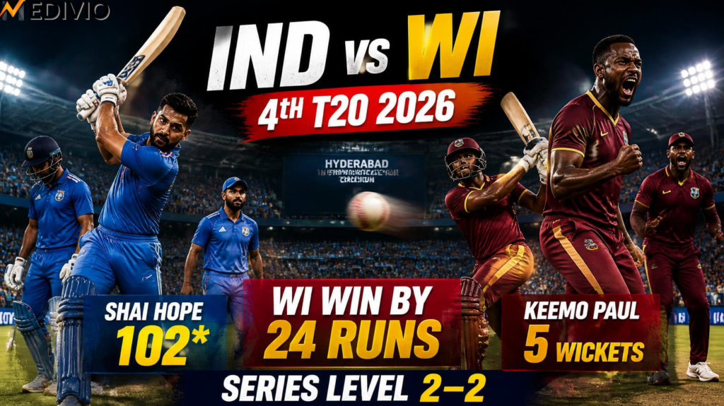 India vs West Indies 4th T20 2026 highlights featuring Shai Hope and Keemo Paul after West Indies' 24-run victory.