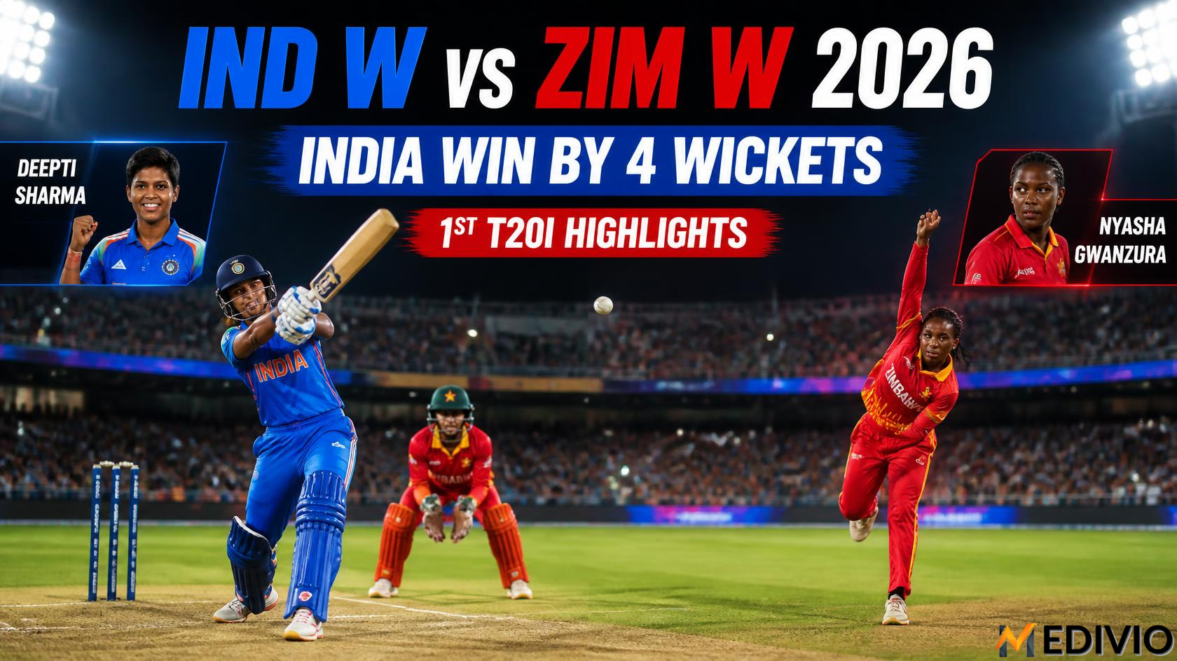 India Women vs Zimbabwe Women 1st T20I 2026 highlights featuring Deepti Sharma and Nyasha Gwanzura.
