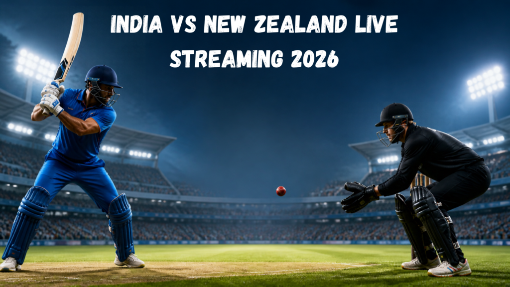 India vs New Zealand cricket match live streaming 2026 featuring players in blue and black jerseys.
